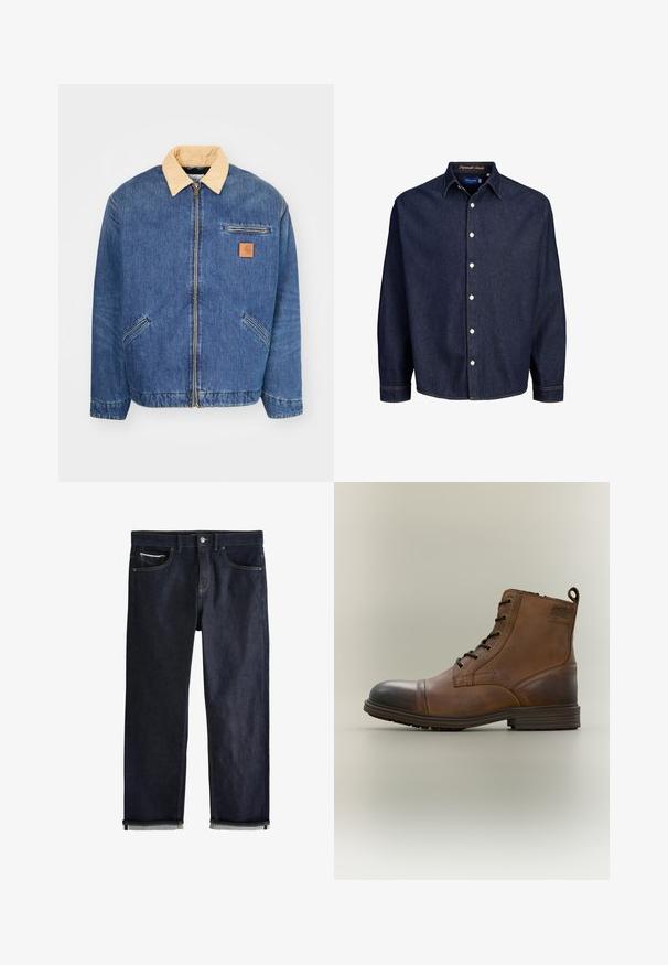 Denimjas met een lichtbruine kraag, voorrits en twee zijzakken. Kenmerkt zich door een klein bruin logopatch op de borst.; Donkerblauwe denim shirt met een knoopsluiting aan de voorkant, lange mouwen en een klassieke kraag, met witte knopen en contrasterende stiksels.; Donkerblauwe spijkerbroek met een klassieke rechte pasvorm, voorzien van vijf zakken, een knoopsluiting en opgerolde boorden met een lichtblauwe voering.; Bruine leren enkellaars met veters, zwarte neuskap, ronde zool en merkdetail aan de zijkant tegen een effen achtergrond.