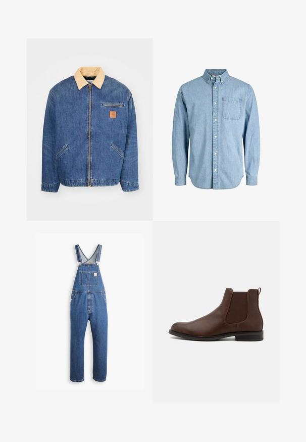 Denimjacke mit einem hellbraunen Kragen, vorderem Reißverschluss und zwei seitlichen Taschen. Mit einem kleinen braunen Logopatch auf der Brust.; Hellblaues Denim-Hemd mit Knöpfen, langen Ärmeln, Kragen, Fronttasche und dezenter Textur. Verfügt über weiße Knöpfe entlang der Knopfleiste.; Denim-Latzhose in Mittelblau, mit verstellbaren Trägern, einer Brusttasche und metallischen Beschlägen, im lässigen Schnitt und geradem Bein-Design.; Pier One Stiefelette - brown