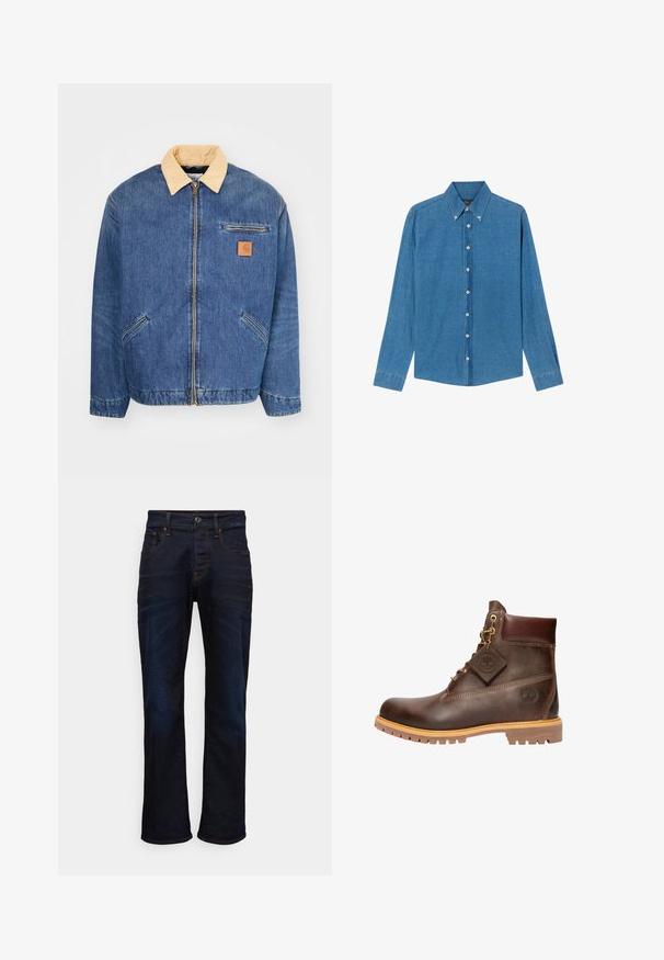 Denimjacke mit einem hellbraunen Kragen, vorderem Reißverschluss und zwei seitlichen Taschen. Mit einem kleinen braunen Logopatch auf der Brust.; Blaue Denim-Hemd mit Button-down-Kragen, langen Ärmeln und Knöpfen vorne. Der Stoff hat eine strukturierte Oberfläche und einen klassischen Schnitt.; Dunkelblaue Denim-Jeans mit gerade geschnittenem Design, fünf Taschen und kontrastierenden Nähte. Das Material hat eine glatte, gewebte Textur.; Braune Leder-Ankelstiefel mit runder Zehenpartie, robuster Sohle, goldfarbener Hardware und strukturiertem Obermaterial. Enthält ein angehängtes Logo-Tag.