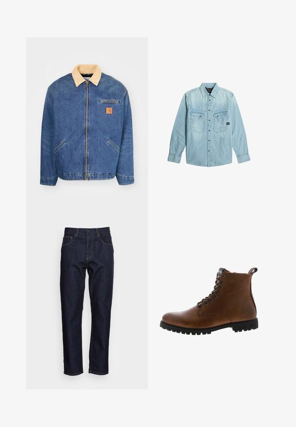Denimjacke mit einem hellbraunen Kragen, vorderem Reißverschluss und zwei seitlichen Taschen. Mit einem kleinen braunen Logopatch auf der Brust.; Hellblaues Denim-Hemd mit langen Ärmeln, Knopfverschluss, zwei vorderen Pattentaschen mit Knöpfen und klassischem Kragen.; Dunkelblaue Denim-Jeans mit geradem Schnitt, fünf Taschen und kontrastierendem gelben Nähten. Mit einem klassischen Knopf- und Reißverschluss ausgestattet.; Braune Lederstiefeletten mit strukturiertem Finish, metallischen Ösen und schwarzer Gummisohle. Mit Zuglasche hinten für einfaches An- und Ausziehen.