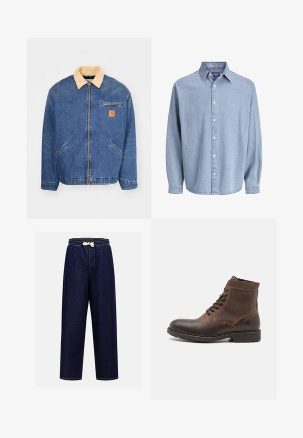 Denimjacke mit einem hellbraunen Kragen, vorderem Reißverschluss und zwei seitlichen Taschen. Mit einem kleinen braunen Logopatch auf der Brust.; Himmelblaue Jeanshemd mit langen Ärmeln, Kragen und weißen Knöpfen, präsentiert vor einem schlichten weißen Hintergrund.; Dunkelblaue Denim-Jogginghose mit elastischem Bund, Kordelzugverschluss und Seitentaschen, ausgestattet mit Kontrastnähten.; Jack & Jones JFWDELANEY BOOT - Schnürstiefelette - cognac