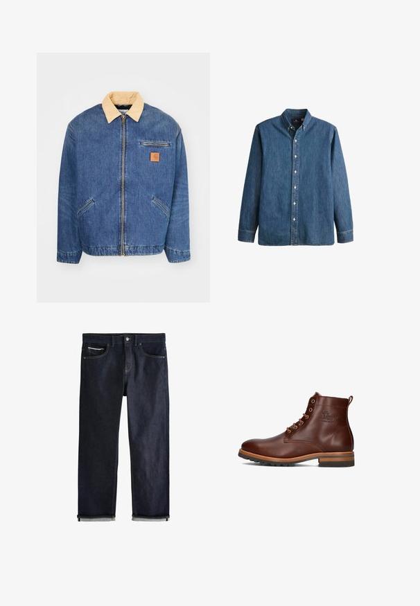 Denimjas met een lichtbruine kraag, voorrits en twee zijzakken. Kenmerkt zich door een klein bruin logopatch op de borst.; Denim overhemd met knopen in middelblauwe kleur, met lange mouwen, een puntkraag, witte knopen en een getailleerde pasvorm met subtiele geborduurde logo.; Donkerblauwe spijkerbroek met een klassieke rechte pasvorm, voorzien van vijf zakken, een knoopsluiting en opgerolde boorden met een lichtblauwe voering.; Bruine leren enkellaars met ronde neus, vetersluiting, contrasterende hak en zolen, en een reliëflogo op de zijkant.