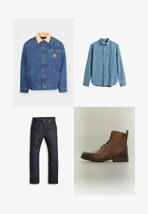 Denimjacke mit einem hellbraunen Kragen, vorderem Reißverschluss und zwei seitlichen Taschen. Mit einem kleinen braunen Logopatch auf der Brust.; Hellblaues Jeanshemd mit langen Ärmeln, Knopfleiste, Brusttasche, geknöpftem Kragen und weißen Knöpfen.; Dunkelblaue Jeans aus Denim mit geradem Schnitt, Fünf-Taschen-Design, metallischen Komponenten und kontrastierenden orangen Nähten. Glatte Textur, keine sichtbaren Muster.; Brauner Leder-Schnürstiefel bis zum Knöchel mit schwarzer Zehenkappe, runder Sohle und Markenlabel an der Seite vor schlichtem Hintergrund.