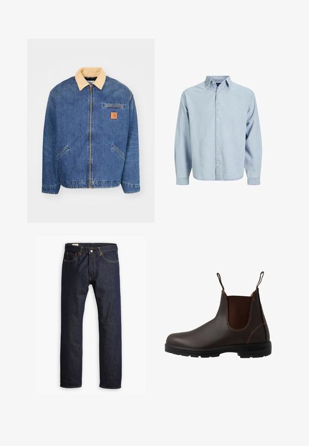 Denimjas met een lichtbruine kraag, voorrits en twee zijzakken. Kenmerkt zich door een klein bruin logopatch op de borst.; Lichtblauwe button-up shirt gemaakt van zachte dennenstof. Heeft een kraag, lange mouwen en een rechte zoom. Vijf knopen aan de voorkant.; Donkerblauwe denim jeans met een rechte pijp, oranje stiksels en stijl met vijf zakken, voorzien van een metalen knoopsluiting.; Bruine leren Chelsea-laars met elastisch zijpaneel, bruine stiksels, trekriempjes en een duurzame rubberen zool met een gestructureerd patroon.