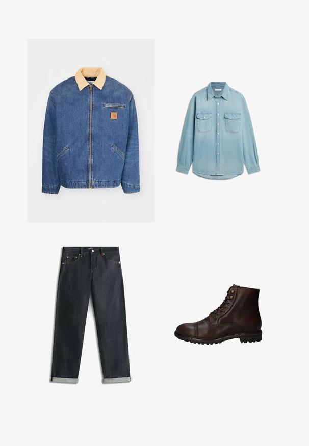 Denimjacke mit einem hellbraunen Kragen, vorderem Reißverschluss und zwei seitlichen Taschen. Mit einem kleinen braunen Logopatch auf der Brust.; Hellblaues Denim-Hemd mit langen Ärmeln, zwei Brustklappentaschen, Knopfleiste vorne und spitzem Kragen.; Dunkelblaue Denim-Jeans mit umgeschlagenen Bündchen, fünf Taschen und kontrastierender Naht, flach auf weißem Hintergrund liegend.; Dunkelbraune Leder Schnürstiefelette mit robustem Gummisohlen und Metallösen, von der Außenseite betrachtet.
