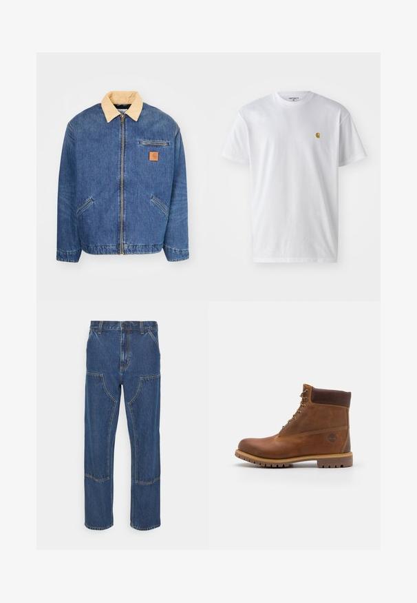 Denimjas met een lichtbruine kraag, voorrits en twee zijzakken. Kenmerkt zich door een klein bruin logopatch op de borst.; Witte katoenen t-shirt met korte mouwen en ronde hals, voorzien van een klein gouden logo op de linkerkant van de borst. Zachte textuur en een normale pasvorm.; Blauwe spijkerbroek met een rechte pijp, voorzakken en contrasterende stiksels. De stof heeft een klassieke textuur en afwerking.; Bruine leren wandelschoen met een gladde afwerking, gevoerde enkel, metalen oogjes en een rubberen zool met een robuust profiel.
