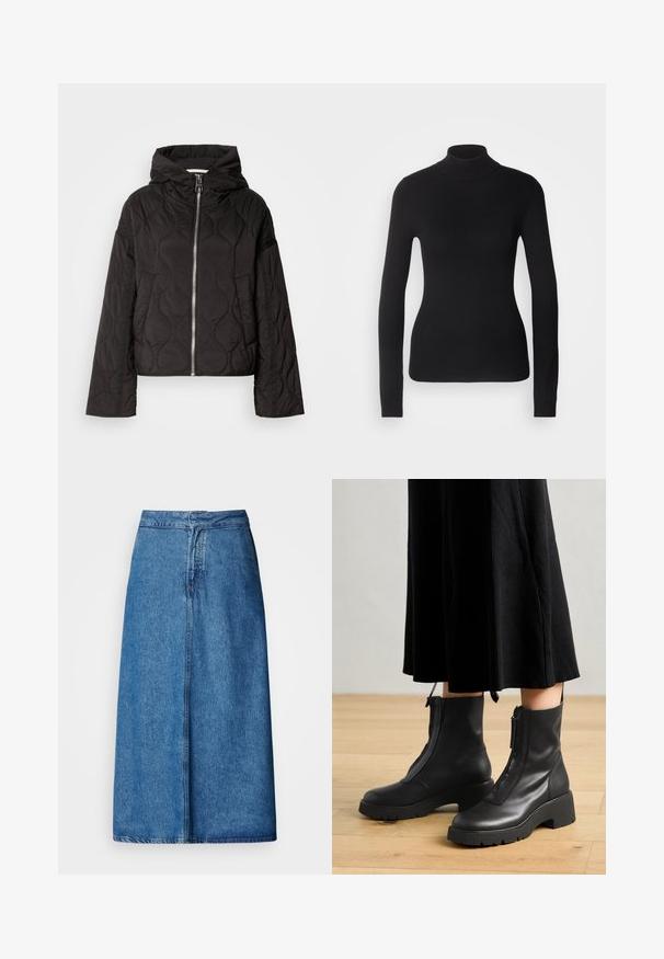 Sort quiltet jakke med hætte, udstyret med en frontlynlås og fyldig tekstur. Designet med en løs pasform og sidelommer.; Sort turtleneck sweater lavet af let strikket stof. Har lange ærmer, et tætsiddende design og en blød ribbet tekstur.; Denim midi-nederdel med afslappet pasform, høj talje, frynset kant og ensfarvet blå. Enkel design uden synlige udsmykninger.; Sorte læder ankelstøvler med en kraftig platformsål og en frontlynlås. Glat tekstur med et minimalistisk design.