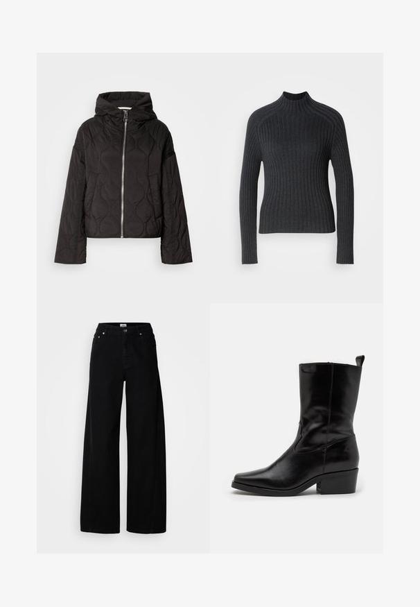Chaqueta negra acolchada con capucha, con cremallera frontal y textura esponjosa. Diseñada con un corte holgado y bolsillos laterales.; Suéter de canalé gris oscuro con mangas largas y cuello alto, con un diseño ajustado y una textura sutil.; Jeans de mezclilla negros de pierna ancha con cierre de botón, diseño de cinco bolsillos y acabado limpio. Fabricados con un tejido texturizado para mayor durabilidad.; Botín de cuero negro hasta el tobillo con puntera afilada, tacón bajo y detalles de costura. Presenta paneles elásticos laterales para facilitar el calzado.