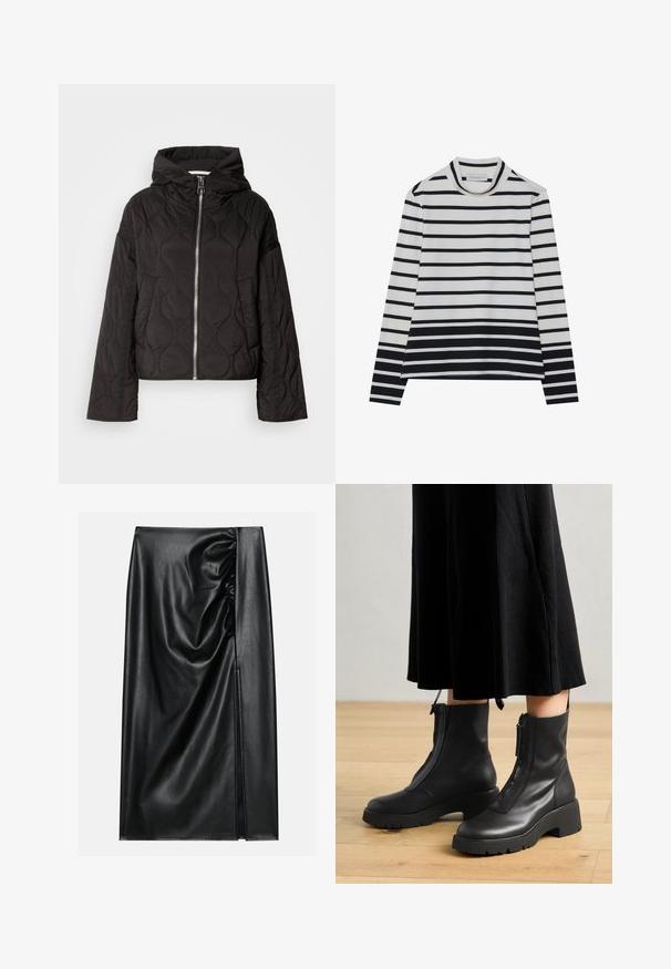 Sort quiltet jakke med hætte, udstyret med en frontlynlås og fyldig tekstur. Designet med en løs pasform og sidelommer.; Langærmet bluse lavet af bomuld, med vandrette sorte og hvide striber, en høj mock neck og en afslappet pasform med sidesplits.; Sort læderskirt med en glat overflade, der har en indsamlet sektion på den ene side og en skråning på siden for ekstra detaljer.; Sorte læder ankelstøvler med en kraftig platformsål og en frontlynlås. Glat tekstur med et minimalistisk design.