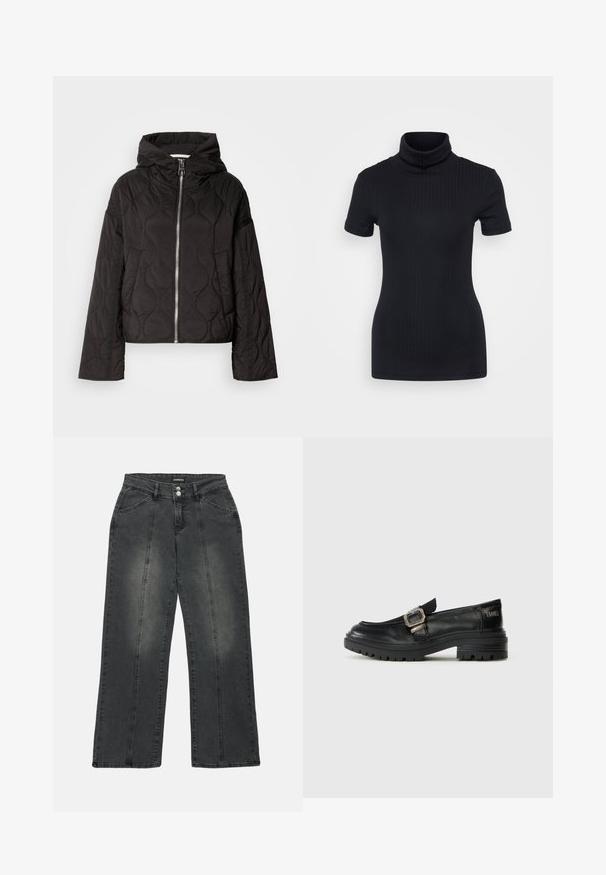 Sort quiltet jakke med hætte, udstyret med en frontlynlås og fyldig tekstur. Designet med en løs pasform og sidelommer.; Sorte ribbede turtleneck top, korte ærmer, tætsiddende design, blød tekstur, minimale sømme og en høj krave.; Bredde ben jeans i mørkegrå denim. Funktionerne inkluderer en knaplukning, to frontlommer og lodret syning for detaljen. Slidte områder er til stede.; Sorte læder loafers med en spændeaccent, der har en tekstureret sål og en rund tå. Designet er elegant med en let hævet hæl.