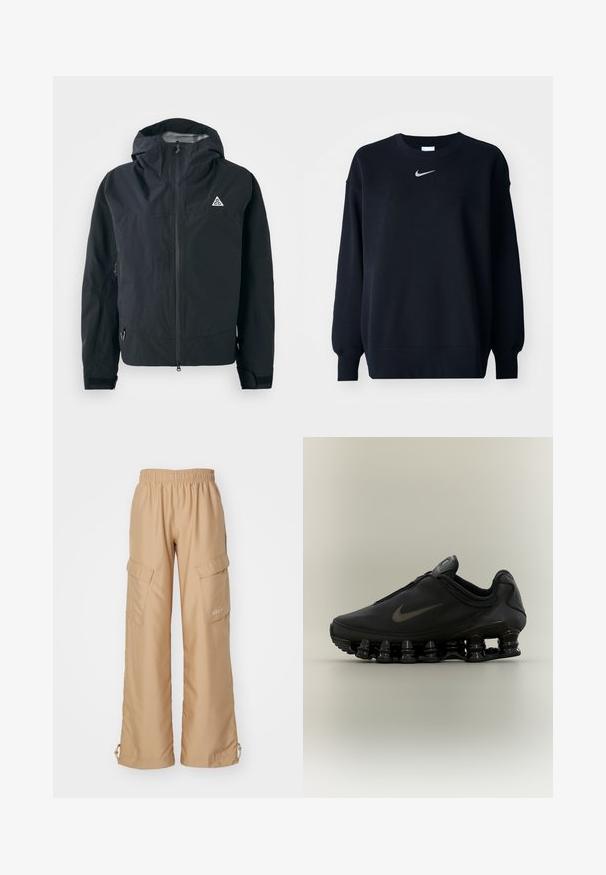 Chaqueta negra con capucha, cierre frontal, puños ajustables, bolsillos laterales con cremallera y pequeño logo triangular en el pecho.; Sudadera negra hecha de una mezcla de algodón; cuello redondo ribeteado, mangas largas y puños elásticos; presenta un pequeño logo plateado de Nike en el pecho.; Nike Sportswear TREND - Pantalones cargo - hemp; Zapatilla negra Nike con parte superior con cremallera y suela distintiva segmentada en forma de resorte, mostrada de perfil sobre un fondo neutro.