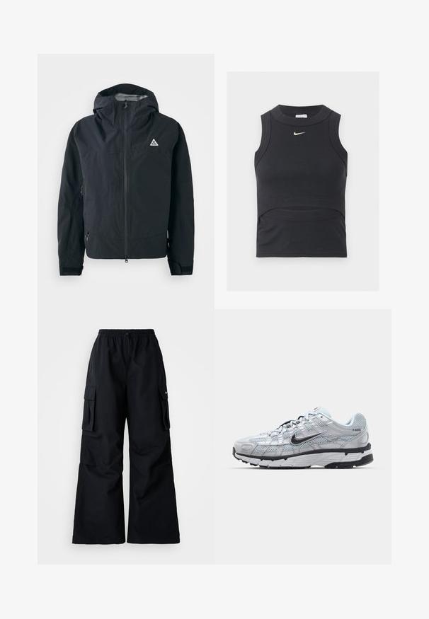 Zwarte hoodie met ritssluiting aan de voorkant, verstelbare manchetten, zijzakken met rits en een klein driehoekig logo op de borst.; Zwarte mouwloze cropped sporttop met geribbelde textuur en wit Nike swoosh-logo op de borst.; Zwarte cargobroek met wijde pijpen, elastische tailleband, verstelbaar trekkoord en twee steekzakken. Gemaakt van een gladde, lichte stof.; Nike P-6000 sneakers met een lichtgrijze mesh bovenkant, zwarte accenten en een duurzame zwarte rubberen zool. Kenmerkt zich door een ingewikkeld ontwerp en vetersysteem.