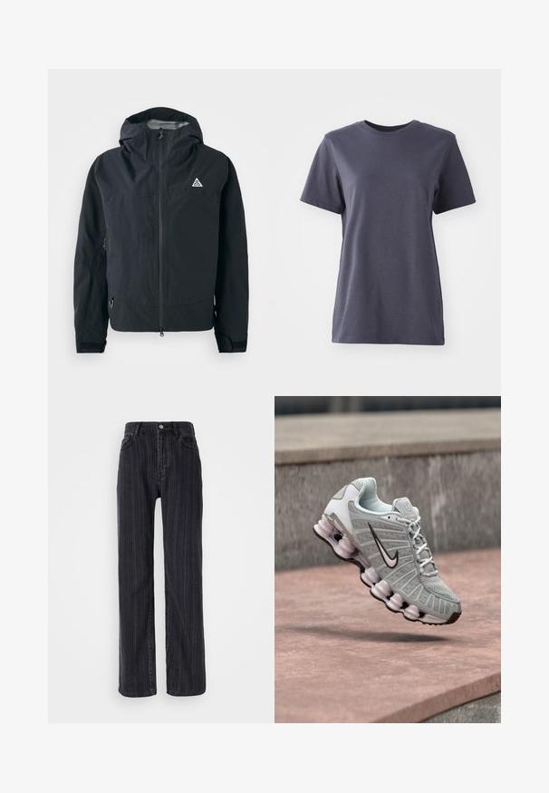 Zwarte hoodie met ritssluiting aan de voorkant, verstelbare manchetten, zijzakken met rits en een klein driehoekig logo op de borst.; Korte mouwen t-shirt van donkergrijs katoen, met een ronde hals, een gladde textuur, rechte zoom, zonder zichtbare patronen of hardwaredetails.; Hoge taille zwarte denim jeans met een verticale streepjespatroon, rechte pasvorm en een metalen knoopsluiting aan de voorkant.; Lichtgrijze Nike-sneaker met zwart swoosh-logo, witte veters en een kenmerkende veerachtige zool, zwevend boven een stenen oppervlak.