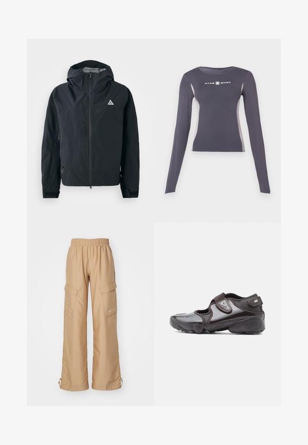 Veste à capuche noire avec fermeture éclair frontale, poignets réglables, poches latérales zippées et petit logo triangulaire sur la poitrine.; Haut de sport ajusté à manches longues gris foncé avec des panneaux latéraux gris clair et un logo "Nike Shox" blanc sur la poitrine.; Nike Sportswear TREND - Pantalon cargo - hemp; Chaussure de sport marron foncé avec une finition brillante, une bride en Velcro, un bout arrondi et une semelle texturée avec des éléments de design amortissants.