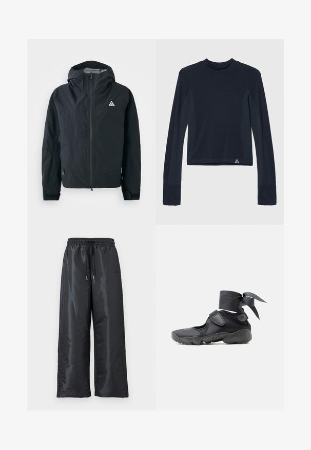 Chaqueta negra con capucha, cierre frontal, puños ajustables, bolsillos laterales con cremallera y pequeño logo triangular en el pecho.; Camiseta de manga larga azul marino con textura de canalé, con acentos de puntos a lo largo de las mangas y un cuello alto. Logo de la marca en la parte inferior izquierda.; Pantalones negros de pierna ancha, hechos de una tela brillante y suave. Cuentan con una cinturilla elástica con cordón y bolsillos laterales.; Zapatilla deportiva negra con aberturas, correas de velcro y envoltura en el tobillo atada en un lazo, vista lateral sobre un fondo blanco.