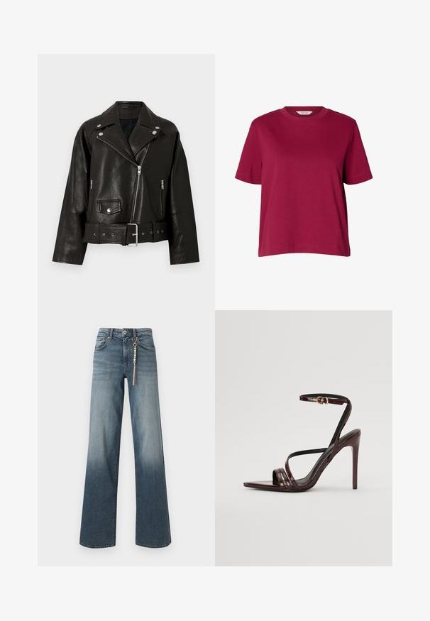 Veste de motard en cuir noir avec détails zippés et à boutons-pression, col large, poches avant et taille ceinturée. Finition texturée avec une coupe moderne.; T-shirt uni bordeaux à manches courtes et col rond, coupe ample, présenté sur fond blanc uni.; Jean droit en denim bleu avec un lavage délavé et une chaîne dorée ornée de perles suspendue à la boucle de ceinture avant.; Sandale à talons hauts en cuir verni bourgogne avec une bride de cheville, bout pointu et trois bandes horizontales sur le pied. Détail de boucle dorée.