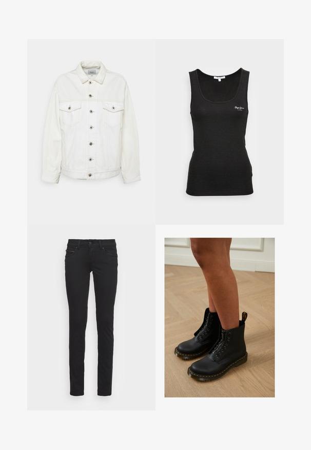 Chaqueta de mezclilla blanca con un cuello clásico, cierre frontal de botones, dos bolsillos en el pecho y detalles de costura sutil. Puños ajustables y corte recto.; Top de tirantes negro con canalé y cuello redondo, con acento de logo blanco en el pecho. La tela es suave y presenta una silueta ajustada.; Vaqueros negros de corte ajustado hechos de algodón, con bolsillos delanteros y un detalle de cremallera. Textura suave y diseño estándar de cinco bolsillos.; Botas de cuero negro hasta el tobillo con diseño de cremallera y cordones, que presentan costuras amarillas y una suela gruesa y texturizada.