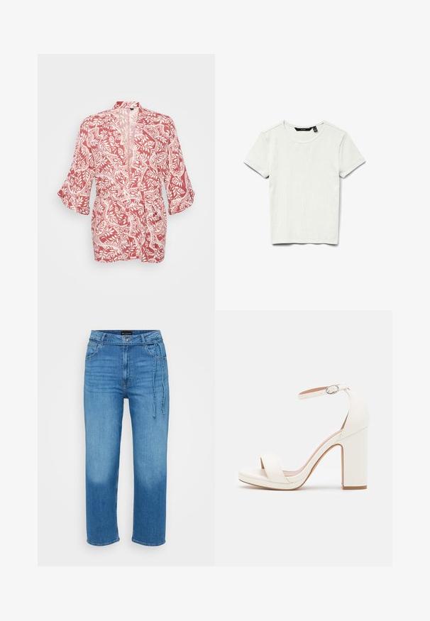 Veste de style kimono rouge et blanc avec un motif floral et de vignes, en tissu léger, devant ouvert et manches trois quarts.; T-shirt blanc uni à manches courtes en coton côtelé, avec col rond, présenté à plat sur fond blanc.; Jean en denim bleu clair avec une coupe décontractée, jambes droites, taille mi-haute et détail à nouer à l'avant. Texture lisse.; Sandale à talon haut blanche avec une bride de cheville, design minimaliste, bout ouvert, talon carré et texture en cuir lisse.