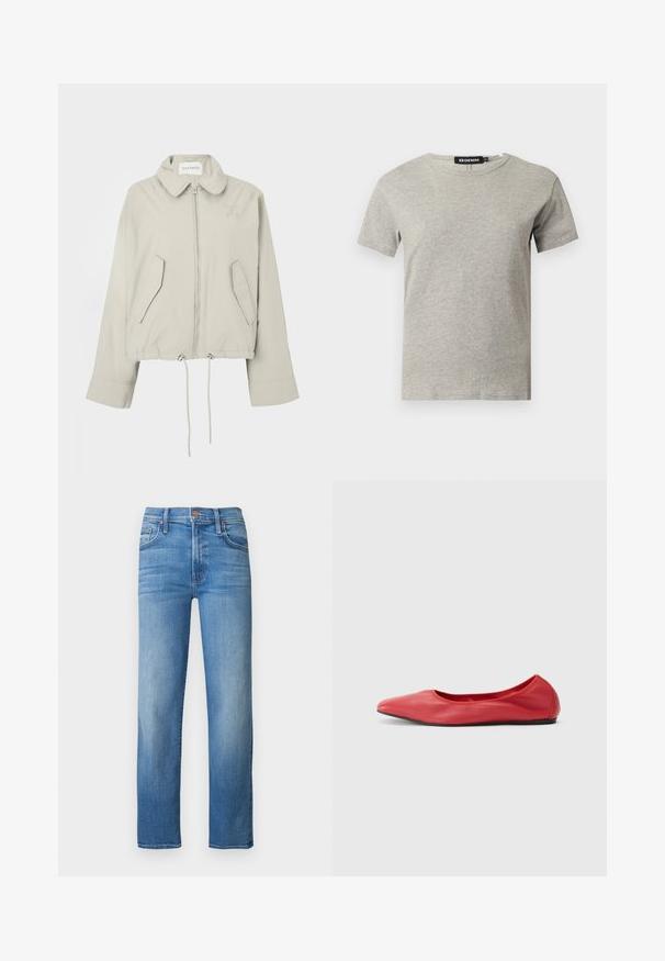 Veste courte gris clair avec col, fermeture éclair devant, deux poches et ourlet à cordon de serrage. Présente une broderie discrète du logo sur la poitrine.; T-shirt en coton gris clair à manches courtes et col rond avec une étiquette noire visible à l'intérieur du col indiquant "DENIM" et la taille "S."; Jeans en denim bleu clair avec une coupe droite, taille mi-haute, cinq poches et un léger délavage sur les cuisses. Couture classique de couleur contrastante.; Filippa K REY FLATS - Ballerines - bright red