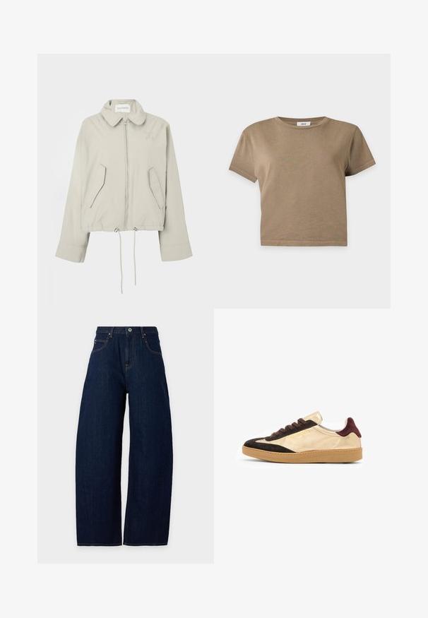 Veste courte gris clair avec col, fermeture éclair devant, deux poches et ourlet à cordon de serrage. Présente une broderie discrète du logo sur la poitrine.; T-shirt court marron uni à manches courtes avec col rond sur fond gris clair.; Jean bleu foncé à jambes larges avec poches avant, passants de ceinture et fermeture bouton et zip sur fond uni.; Baskets basses en suède doré et noir avec des lacets marron, semelle en caoutchouc texturé et détail de logo sur le côté extérieur.