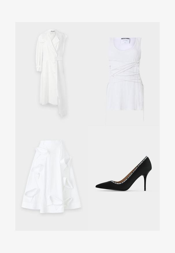 Weißer Trenchcoat mit doppelter Knopfleiste, tailliertem Gürtel, breitem Kragen und einem langen Ärmel. Besitzt eine glatte Stoffoberfläche.; Weißes geripptes Tanktop mit gekreuzten Schnürdetails, runder Ausschnitt und geradem Saum. Marke: Moschino Couture.; Weißer A-Linien-Rock aus Baumwolle, ausgestattet mit übergroßen Ausschnitten und einer glatten Textur. Mit einem strukturierten Bund.; Schwarzer spitzer High-Heel-Schuh mit Stiletto-Absatz und "LOVE MOSCHINO" Textbesatz entlang der Öffnungskante, Seitenansicht vor weißem Hintergrund.
