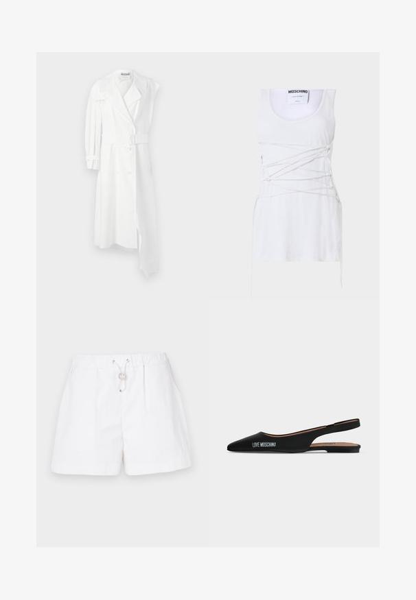 Hvid trenchcoat med dobbeltbrystet front, bælte i taljen, bred krave og én langærmet. Har en glat stoffinish.; Hvid ribbet tanktop med krydsende snøring, der har en rund hals og en lige kant. Mærke: Moschino Couture.; Hvide shorts med elastisk talje, snøre detaljer, to sidelommer og en glat tekstur. Velegnet til varmt vejr.; Sort spids slingback flad sko med lav hæl og "LOVE MOSCHINO"-logo på siden mod en enkel lys baggrund.