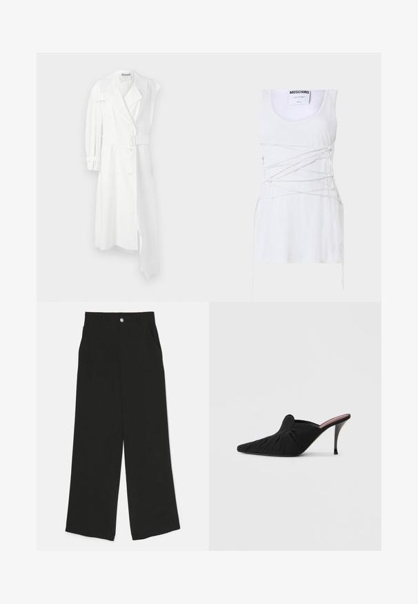 Valge trench-kate, millel on kahe nööbiga esiosa, vöökoht, lai krae ja üks pikk varrukas. Omab sujuvat kangast viimistlust.; Valge soonikuline tank top, millel on ristatud paeltega detailid, ümmargune kaelus ja sirge alläär. Bränd: Moschino Couture.; Mustad laiad püksid, mis on valmistatud siledast kangast, ees on küljetaskud ja vöökoht on lihtsalt nööbiga kinni.; Mustad kõrge kontsaga mule, millel on terav varvas, pehme kangas esiküljel kogutud tekstuuriga ja õhuke kontsas.