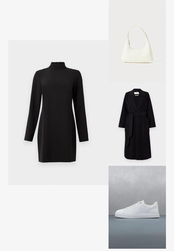 Abrigo de mezcla de lana negro que presenta un cuello de muesca, un lazo en la cintura y dos bolsillos laterales. Mangas largas y silueta recta.; Vestido negro de manga larga con cuello alto, hecho de una tela suave. Presenta un corte recto y una cremallera en la parte posterior. Diseño minimalista, sin patrones.; Zapatilla blanca de caña baja con cordones, ojales dorados y marca, flotando sobre un suelo de baldosas de madera con fondo de vegetación exterior.; Pequeño bolso blanco de hombro con una sola correa ajustable y un cierre de cremallera, situado sobre un fondo blanco liso.