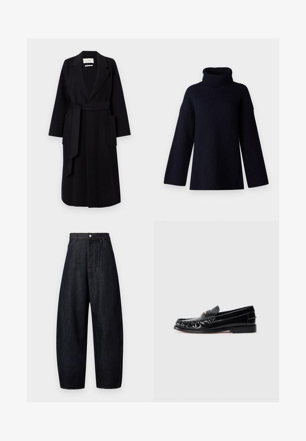 Schwarzer Wollmischungs-Mantel mit Reverskragen, Taillengürtel und zwei seitlichen Taschen. Lange Ärmel und gerade Silhouette.; Dunkelblauer Rollkragensweater mit geripptem Material, weiten Ärmeln und lockerer Passform. Weiches Material und minimalistisches Design.; Dunkle Denimhose mit lockerem Sitz, hoher Taille und kontrastierender orangefarbener Naht. Verfügt über einen vorderen Knopfverschluss und Seitentaschen.; Schwarze LederSlipper mit runder Zehenform, dekorativen Nähten und einem kleinen goldenen Akzent auf dem Vorderblatt. Flache Gummisohle, elegantes Design.