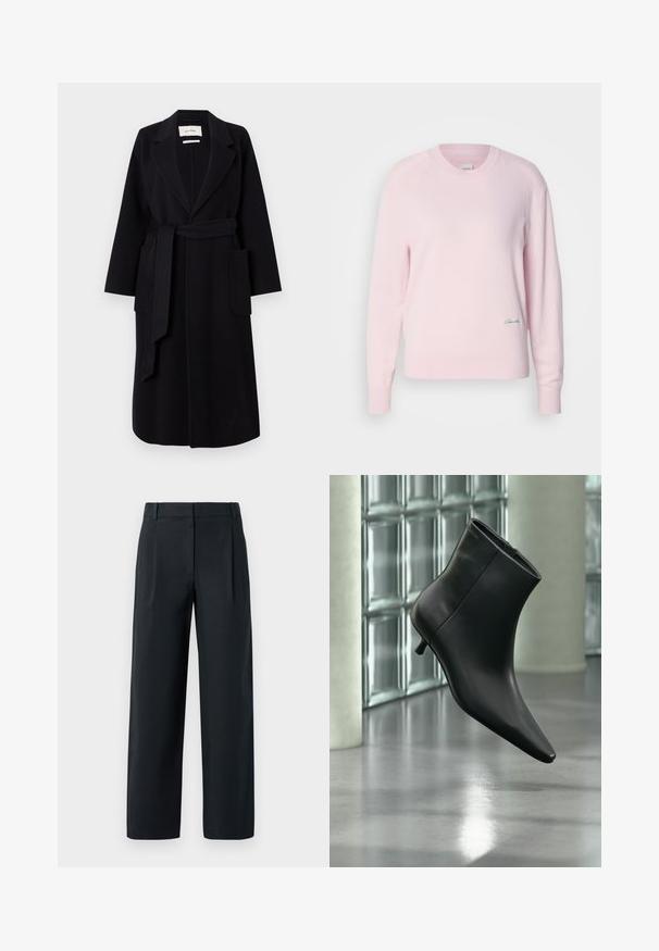 Abrigo de mezcla de lana negro que presenta un cuello de muesca, un lazo en la cintura y dos bolsillos laterales. Mangas largas y silueta recta.; Suéter rosa claro hecho de un material de punto suave. Presenta un cuello redondo y mangas largas, con un pequeño logotipo verde en la parte inferior izquierda.; Pantalones negros ajustados con un diseño de pierna recta, que cuentan con pliegues delanteros, una textura suave y pasadores para cinturón. Sin bolsillos visibles.; Botín negro de cuero con punta puntiaguda y tacón bajo estilo kitten, mostrado en ángulo sobre un suelo pulido y con una pared de bloques de vidrio de fondo.