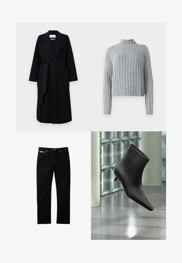 Zwarte wolmix jas met een geknipt kraag, tailleband en twee zijzakken. Lange mouwen en een rechte silhouet.; Lichtgrijze chunky gebreide trui met geribd patroon, hoge hals, lange mouwen en een iets cropped pasvorm.; Zwarte denim jeans met een rechte pijp, voorzien van een knoop- en ritssluiting, vijf zakken en een klein logovlaggetje op de tailleband.; Zwarte leren enkellaars met puntige neus en lage hak, afgebeeld tegen een glazen blokkenmuur en gepolijste vloer op de achtergrond.