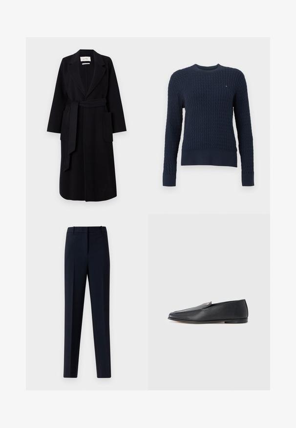 Zwarte wolmix jas met een geknipt kraag, tailleband en twee zijzakken. Lange mouwen en een rechte silhouet.; Marineblauwe kabelgebreide trui met lange mouwen, ronde hals, geribde boorden en zoom, en klein Tommy Hilfiger vlaglogo op de borst.; Marineblauwe op maat gemaakte dress trousers met voorplichting, riemlussen en een verborgen sluiting aan de voorkant op een lichte achtergrond.; Zwarte leren loafers met een gladde textuur, een afgeronde neus en subtiele stiksel details. Voorzien van een gouden logomerk aan de bovenzijde.