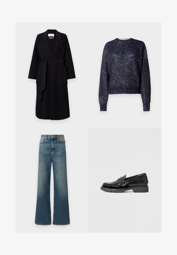 Schwarzer Wollmischungs-Mantel mit Reverskragen, Taillengürtel und zwei seitlichen Taschen. Lange Ärmel und gerade Silhouette.; Leopardenmuster gestrickter Pullover in Dunkelblau und Schwarz, mit langen Ärmeln, rundem Ausschnitt und strukturiertem Stoff mit gerippten Akzenten.; Weite Jeans in mittlerem blauen Denim mit hoher Taille, fünf Taschen-Design und einem subtilen, ausgebleichten Finish. Kupferne Knopfabsetzungen und Nähte.; Schwarzer Lederloafer mit einem Obermaterial im Mokassinstil, strukturiertem Fransen-Detail und einer dicken schwarzen Gummisohle. Glatte Oberfläche, abgerundete Spitze.