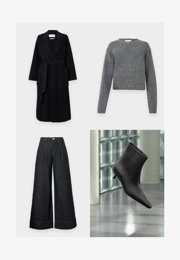 Manteau en mélange de laine noir avec col à revers, ceinture à la taille et deux poches latérales. Manches longues et silhouette droite.; Pull en tricot gris à manches longues avec col rond et poignets et ourlet côtelés, présenté sur un fond blanc.; Pantalons en denim noirs à jambes larges avec une taille haute, dotés de plis frontaux, d'une fermeture à bouton et de surpiqûres contrastées aux ourlets.; Bottine en cuir noir avec bout pointu et petit talon, présentée devant un mur en blocs de verre et un sol poli.