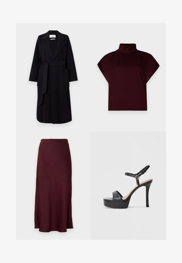 Manteau en mélange de laine noir avec col à revers, ceinture à la taille et deux poches latérales. Manches longues et silhouette droite.; Crop top bordeaux avec un col montant haut, des manches courtes et un tissu lisse et extensible. Pas de motifs visibles ni de détails matériels.; Jupe mi-longue bordeaux en tissu doux avec une texture lisse et une légère évasement en bas. Pas de fermetures visibles ni de motifs.; Sandales à plateforme noires avec un talon haut stilettos, dotées d'une tige en cuir lisse, d'un bout ouvert et d'une bride de cheville ajustable avec ferrures.
