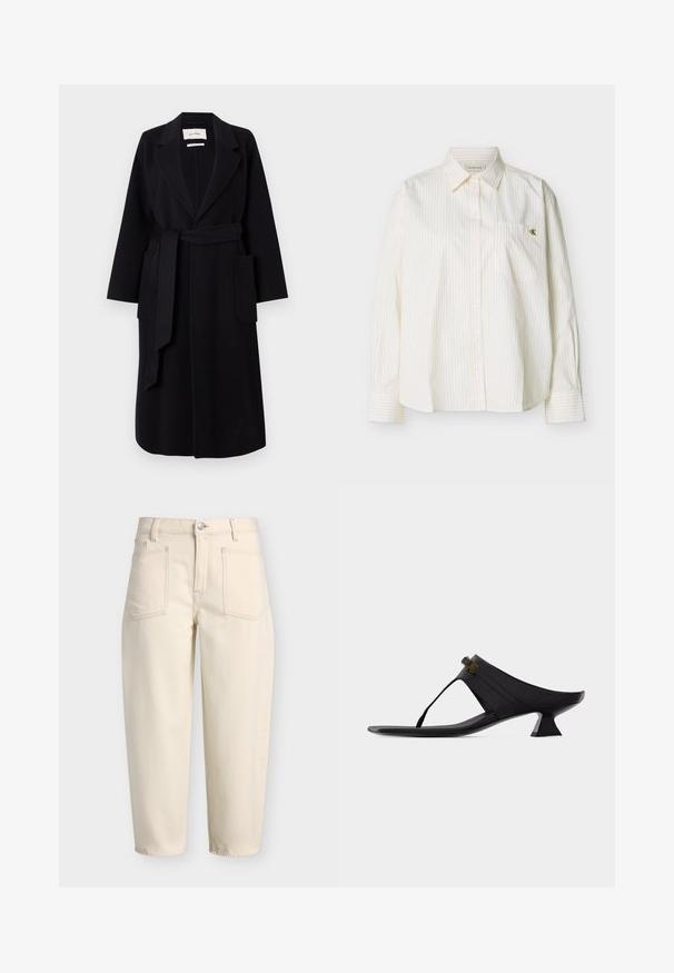 Abrigo de mezcla de lana negro que presenta un cuello de muesca, un lazo en la cintura y dos bolsillos laterales. Mangas largas y silueta recta.; Camisa blanca de manga larga con botones, rayas verticales delgadas, cuello puntiagudo, bolsillo en el pecho frontal y pequeño logo dorado "cK" en el bolsillo.; Pantalones beige de talle alto con bolsillos delanteros de parche, trabillas para el cinturón, cierre con botones y corte de pierna recta.; Sandalia tanga de cuero negro con tacón, punta cuadrada, tacón acampanado de altura media y detalle de hebilla en tono dorado en la correa.