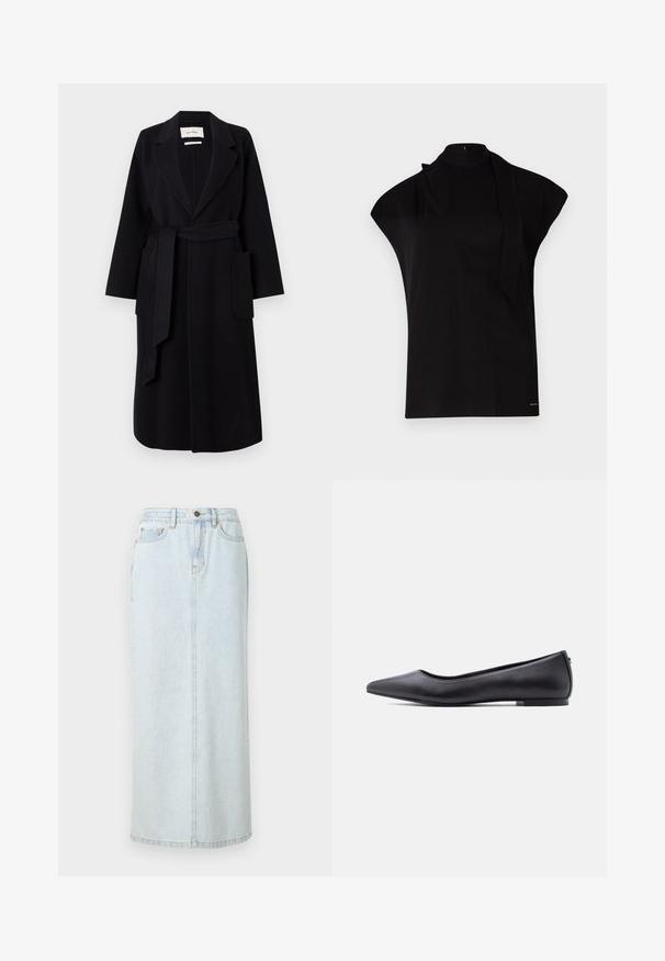 Abrigo de mezcla de lana negro que presenta un cuello de muesca, un lazo en la cintura y dos bolsillos laterales. Mangas largas y silueta recta.; Top negro de cuello alto con mangas tipo farol, que presenta un diseño asimétrico y una larga corbata al cuello. Hecho de un tejido suave con un aspecto minimalista.; Falda maxi de mezclilla azul claro con diseño recto, cierre de botones en la parte frontal y costuras visibles. Cuenta con dos bolsillos frontales.; Zapato plano de cuero negro con punta puntiaguda y tacón bajo, mostrado de perfil contra un fondo blanco.