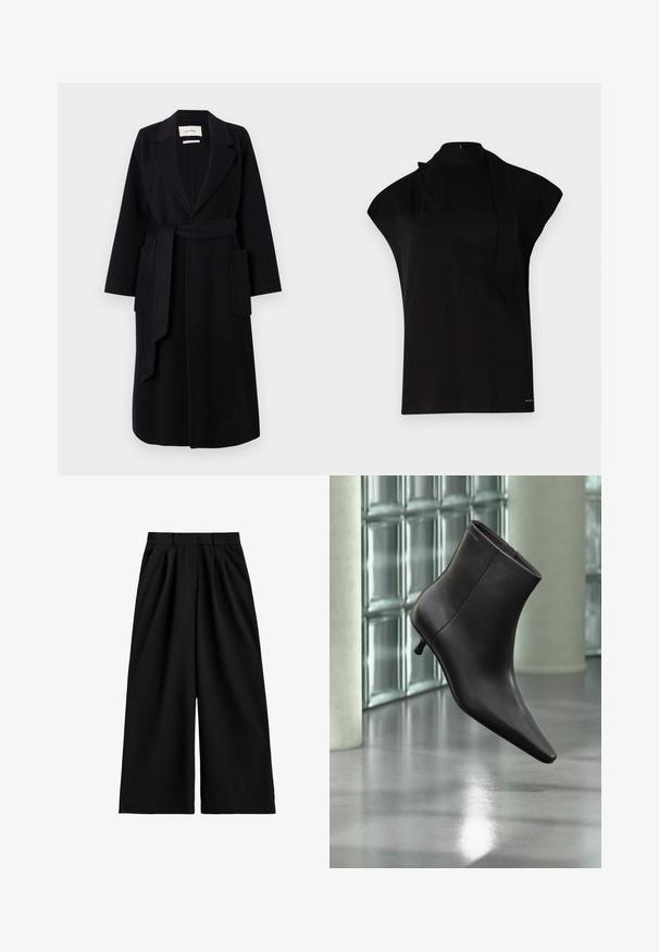 Abrigo de mezcla de lana negro que presenta un cuello de muesca, un lazo en la cintura y dos bolsillos laterales. Mangas largas y silueta recta.; Top negro de cuello alto con mangas tipo farol, que presenta un diseño asimétrico y una larga corbata al cuello. Hecho de un tejido suave con un aspecto minimalista.; Pantalones negros de pierna ancha y cintura alta con pasadores para cinturón, pliegues delanteros y un acabado de tela limpio y suave.; Bota de cuero negro para el tobillo con puntera puntiaguda y tacón pequeño, exhibida frente a una pared de bloques de vidrio y un suelo pulido.
