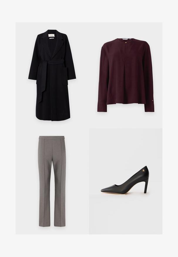 Zwarte wolmix jas met een geknipt kraag, tailleband en twee zijzakken. Lange mouwen en een rechte silhouet.; Donker bordeaux blouse met lange mouwen, ronde halslijn, plooien aan de voorkant en een enkele gouden knoopsluiting bij de nek.; Grijze op maat gemaakte broek met een slanke pasvorm, voorzien van een gladde textuur en frontplooien, ontworpen voor een formele uitstraling. Geen zichtbare zakken of hardware.; Zwarte leren pointed-toe hoge hak schoen met een mid-height stiletto hak en een klein gouden embleem nabij de hak op een witte achtergrond.