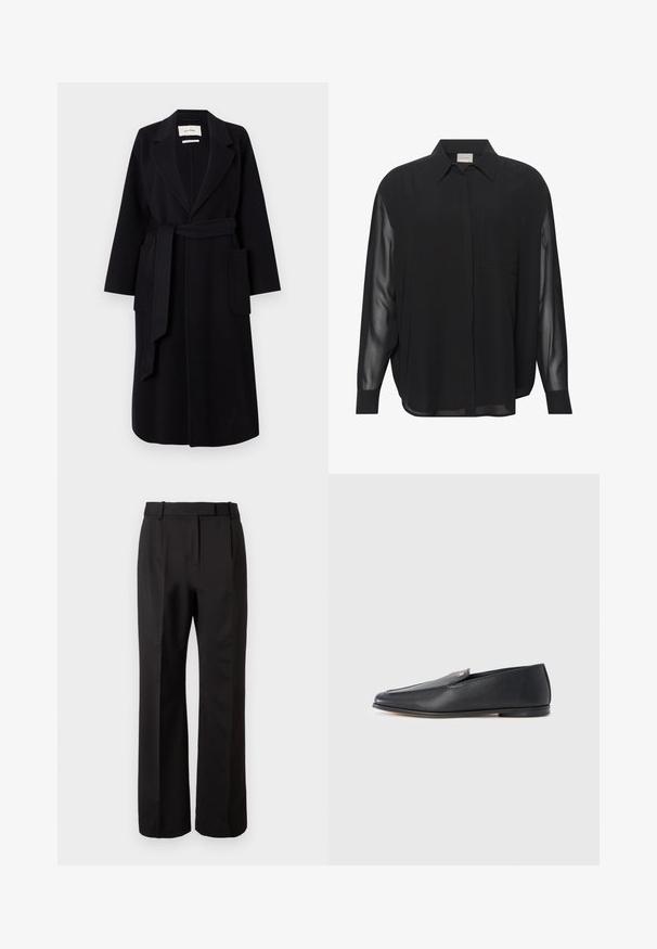 Manteau en mélange de laine noir avec col à revers, ceinture à la taille et deux poches latérales. Manches longues et silhouette droite.; Chemise noire boutonnée en tissu lisse avec des manches longues transparentes, une seule poche poitrine et un col classique.; Pantalons noirs taille haute, en tissu lisse, avec un design à jambes droites, des poches latérales et un devant plat avec plis.; Mocassins en cuir noir à texture lisse, bout arrondi et détails de couture subtils. Ils présentent un accent logo doré sur le côté supérieur.