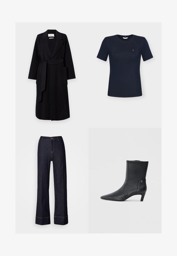 Sort uldblandingsfrakke med notch-krave, taljebånd og to sidelommer. Lange ærmer og en lige silhuet.; Marineblå tætsiddende T-shirt med korte ærmer, rund halsudskæring og lille Tommy Hilfiger-logo på venstre bryst.; Mørke denim brede bukser med høj talje, der har en frontknaplukning og orange syninger. Glat tekstur hele vejen igennem.; Sorte læder ankelstøvler med spids tå og en lav hæl. Har en glat overflade og et lille guld logo detalje på siden.