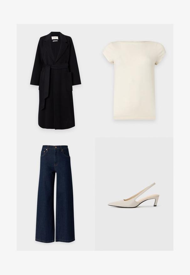Abrigo de mezcla de lana negro que presenta un cuello de muesca, un lazo en la cintura y dos bolsillos laterales. Mangas largas y silueta recta.; Camiseta ajustada de mujer de manga corta, color crema, con cuello redondo sobre un fondo gris claro liso.; Vaqueros denim azul oscuro de pierna ancha con cinco bolsillos y detalles de remaches de cobre sobre un fondo claro liso.; Tacones slingback beige con punta estrecha, laterales abiertos y un pequeño tacón cuadrado. Textura de cuero suave y diseño minimalista.