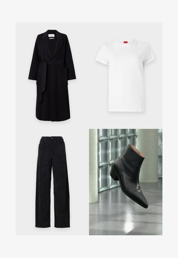 Zwarte wolmix jas met een geknipt kraag, tailleband en twee zijzakken. Lange mouwen en een rechte silhouet.; Witte T-shirt met korte mouwen, gemaakt van lichtgewicht katoen. Heeft een ronde hals en opgerolde mouwen. Rode merketiket op de kraag.; Zwarte corduroy wijde pijpen broek met een hoge taille, voorzien van twee zakken aan de voorkant en subtiele verticale ribbelstructuur.; Zwarte leren enkellaars met een spitse neus en blokhak die zweeft boven een reflecterende grijze vloer nabij een glazen blokmuur.