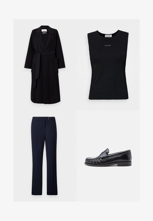 Schwarzer Wollmischungs-Mantel mit Reverskragen, Taillengürtel und zwei seitlichen Taschen. Lange Ärmel und gerade Silhouette.; Schwarzes ärmelloses Top aus glattem Stoff. Merkmale einen runden Ausschnitt und ein kleines Calvin Klein Logo in der Mitte. Einfaches und figurnahes Design.; Navyblaue maßgeschneiderte Hose aus einem glatten Stoff, mit flacher Vorderseite, geraden Beinen und einem dezenten silbernen Akzent an der Taille.; Schwarze Leder-Loafer mit abgerundetem Zehenbereich, markanter Naht und einem dekorativen Riemen über dem Vorderblatt. Glatte Oberfläche und niedriger Absatz.