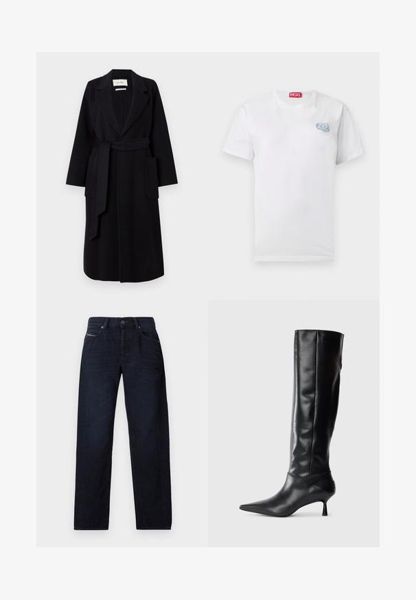 Abrigo de mezcla de lana negro que presenta un cuello de muesca, un lazo en la cintura y dos bolsillos laterales. Mangas largas y silueta recta.; Camiseta blanca de manga corta con cuello redondo y un pequeño logo abstracto azul en el pecho izquierdo, además de una etiqueta roja de Diesel en el interior del cuello.; Vaqueros rectos de color azul oscuro con bolsillos frontales, trabillas para cinturón y cierre de botón, colocados sobre un fondo blanco.; Bota de cuero negra hasta la rodilla con punta afilada y tacón delgado curvado. Textura suave, diseño ajustado y sin hardware ni patrones visibles.