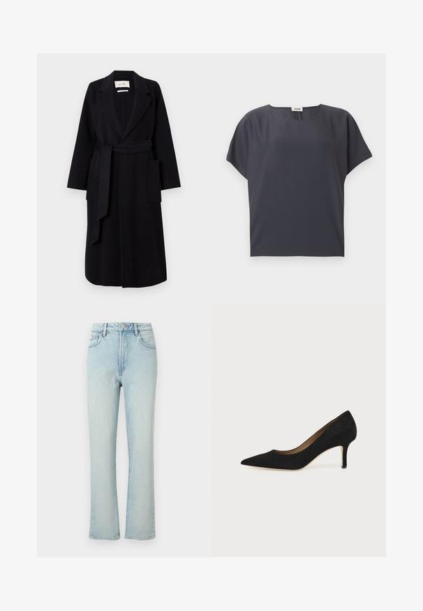 Manteau en mélange de laine noir avec col à revers, ceinture à la taille et deux poches latérales. Manches longues et silhouette droite.; Blouse à manches courtes gris foncé avec encolure ronde et coupe ample, présentée à plat sur un fond clair.; Jean bleu clair taille haute à jambes droites avec bouton avant, passants de ceinture et design classique à cinq poches sur fond uni.; Escarpin en daim noir à bout pointu avec un talon stiletto fin de hauteur moyenne et un design à coupe basse sur un fond uni.