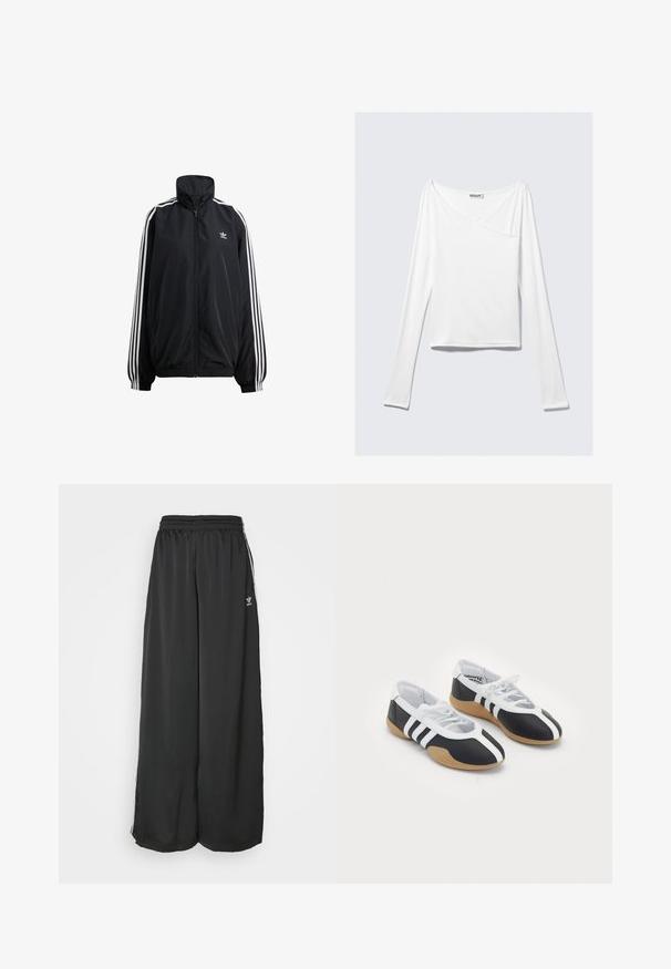 Zwarte ritsjack gemaakt van lichtgewicht materiaal. Voorzien van een hoge kraag, elastische manchetten en witte strepen aan de zijkanten. Klein logo op de borst.; Witte long-sleeve top met een crossover ontwerp en een zak. Gemaakt van een gladde, rekbare stof. Geknipt in een casual, relaxte pasvorm.; Zwarte, loszittende trainingsbroek van gladde stof. Voorzien van een elastische tailleband en zijstrepen met logo-accenten.; Zwart-witte sport schoenen met een slank ontwerp, rubberen zool, vetersluiting en drie witte strepen aan de zijkanten.