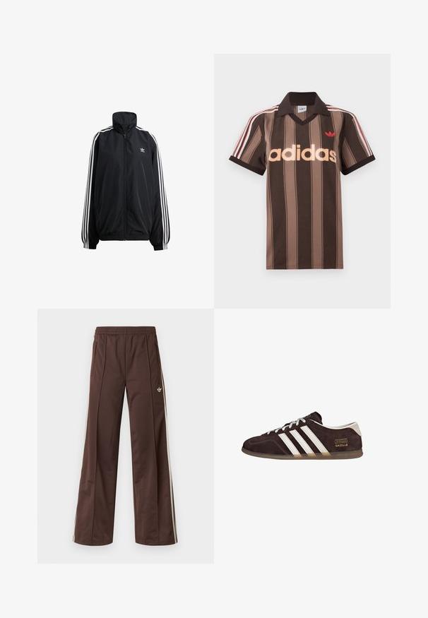 Čierna zipsová bunda vyrobená z ľahkého materiálu. Má vysoký golier, elastické manžety a biele pruhy po stranách. Malé logo na hrudi.; Hnedé prúžkované polo tričko Adidas s výstrihom do V, bordovým golierom a červeným logom. Má bielo-červené pruhy na ramenách a krátke rukávy.; Hnedé športové nohavice so širokým strihom nohavíc, bielymi bočnými pásmi, elastickým pásom a dvoma bočnými vreckami. Na nohavici je malá značka.; Hnedé semišové tenisky s tromi bielymi pruhmi, gumovou podrážkou a textovou nálepkou s nápisom "Gazelle" v zlatej farbe. Šnurovacie sivošedé šnúrky.