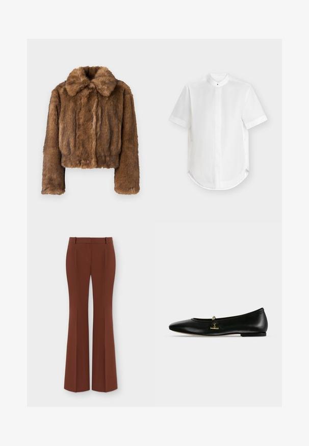 Veste cropped en fausse fourrure marron avec un col arrondi, des manches longues et une surface douce et texturée. Aucun matériel ou motif visible.; Chemise blanche manches courtes avec col mao, patte de boutonnage cachée et ourlet arrondi, présentée à plat sur un fond clair.; Pantalon marron taille haute pour femme avec passants de ceinture et jambes larges évasées, présenté à plat sur fond blanc.; Chaussure plate en cuir noir avec une petite chaîne dorée et un détail barre sur le dessus, bout arrondi et talon bas.