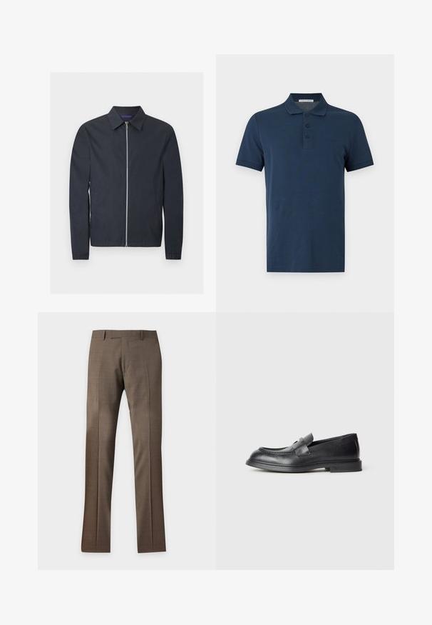 Veste légère bleu marine avec fermeture éclair argentée intégrale à l'avant, col classique, manches longues, poignets élastiques et poches latérales.; Polo bleu marine à manches courtes avec trois boutons et un col, présenté sur un fond uni gris clair.; Pantalon habillé marron sur mesure avec passants pour ceinture et pli frontal, présenté sur un fond clair uni.; Mocassins en cuir noir avec une finition texturée, dotés d'une bride décorative à l'avant et d'un bout arrondi. Semelle en caoutchouc pour plus de durabilité.
